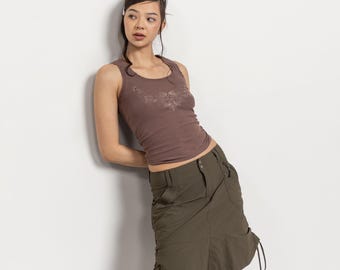 Vintage Y2K 2000s Ruched Nylon Mini Skirt, Low Rise, Outdoorsy, Size 4