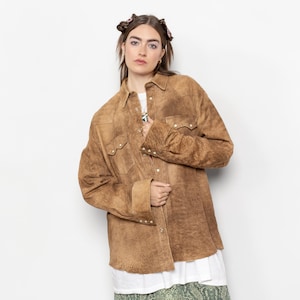 BROWN SUEDE LEATHER Jacket Women Workwear Collared Pockets Fitted Coat / Small