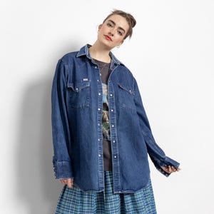 CARHARTT DENIM SHACKET Jacka Skjorta Oxford Knappknäppning Blå Jeansfickor Vintage / Medium Large