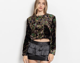 VELVET CROPPED BLAZER Double Breasted Floral Paris Vintage Jacket / Small Medium