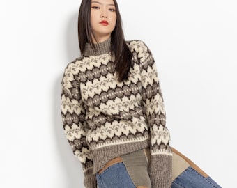 WOOL TURTLENECK GEOMETRIC Ski Sweater Jumper Vintage Brown Beige / Small