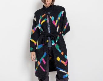 BLACK MOHAIR CARDIGAN Vintage Long Shirt Dress Knit Geometric Rainbow Sweater 90's / Medium