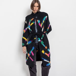 BLACK MOHAIR CARDIGAN Vintage Long Shirt Dress Knit Geometric Rainbow Sweater 90's / Medium image 1