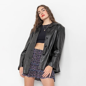 BLACK LEATHER TRENCH Midi Jacket Vintage Oversize Boxy Collared / Medium Large