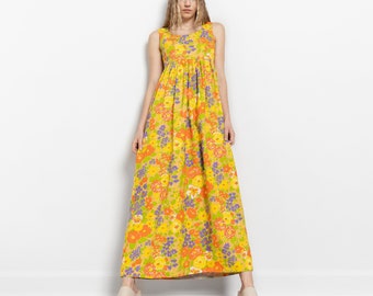 YELLOW FLORAL MAXI Dress Vintage Babydoll Floor Length Summer 60's Handmade / Small