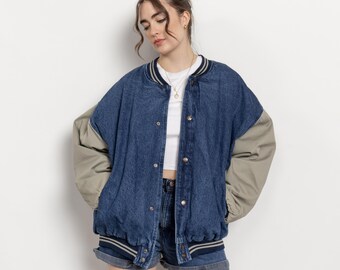OVERSIZE BOMBER JACKET Cotton Denim Vintage Streetwear / Xl Xxl
