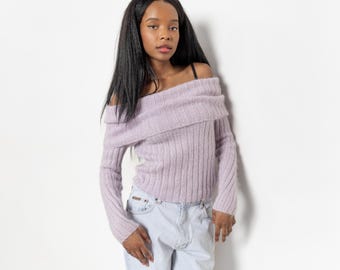 LILAC MOHAIR Off The SHOULDER Sweater Vintage Purple Spring Summer Limited / Small