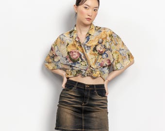 Vintage Brown Denim Mini Skirt: Stretchy Y2K Festival Style / 37 38 Inch Hips