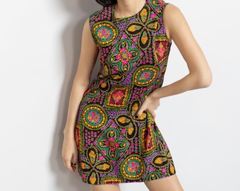 70's FLORAL MINI DRESS Colorful Vibrant Short Summer Party Vintage / Medium