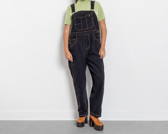 BLACK DENIM OVERALLS White Stitching Vintage Baggy Workwear Dungarees / Xl Extra Large