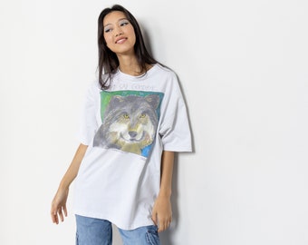 WOLF ART SHIRT Tee White Cotton Short Sleeves Oversize Environmentalist Nature Eco / Large Xl