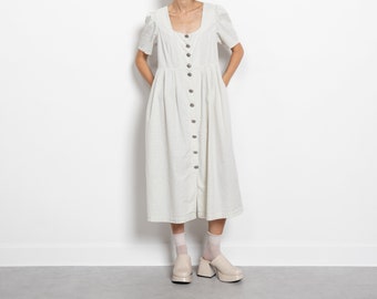 CHECKERED COTTON DRESS Vintage Maxi Short Sleeve Beige Casual House Dress Cotton 80's Puff Sleeves Homemade / Medium
