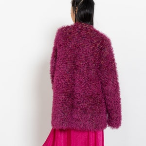 FUZZY PINK CARDIGAN Vintage Midi Long Bright Magenta Hairy Textured Sweater 90's Oversize / Medium Large image 5