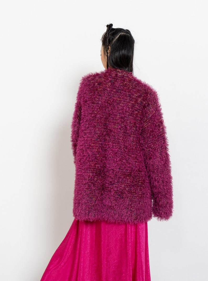 FUZZY PINK CARDIGAN Vintage Midi Long Bright Magenta Hairy Textured Sweater 90's Oversize / Medium Large image 5