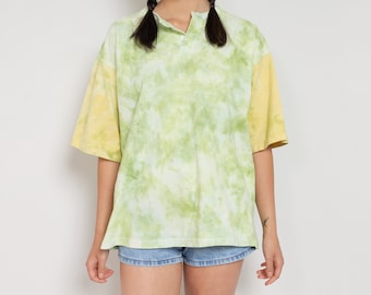 TIE DYE T-SHIRT Vintage Green Yellow Boxy Cotton Short Sleeve Crew Neck 90's Oversize / Large