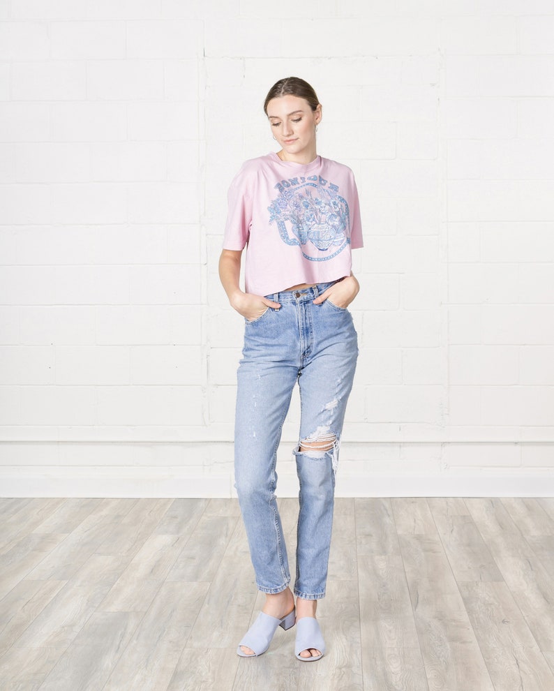 CROPPED 90S TEE T SHIRT vintage women short sleeves flowers floral cute Bonjour Free Size Small Medium