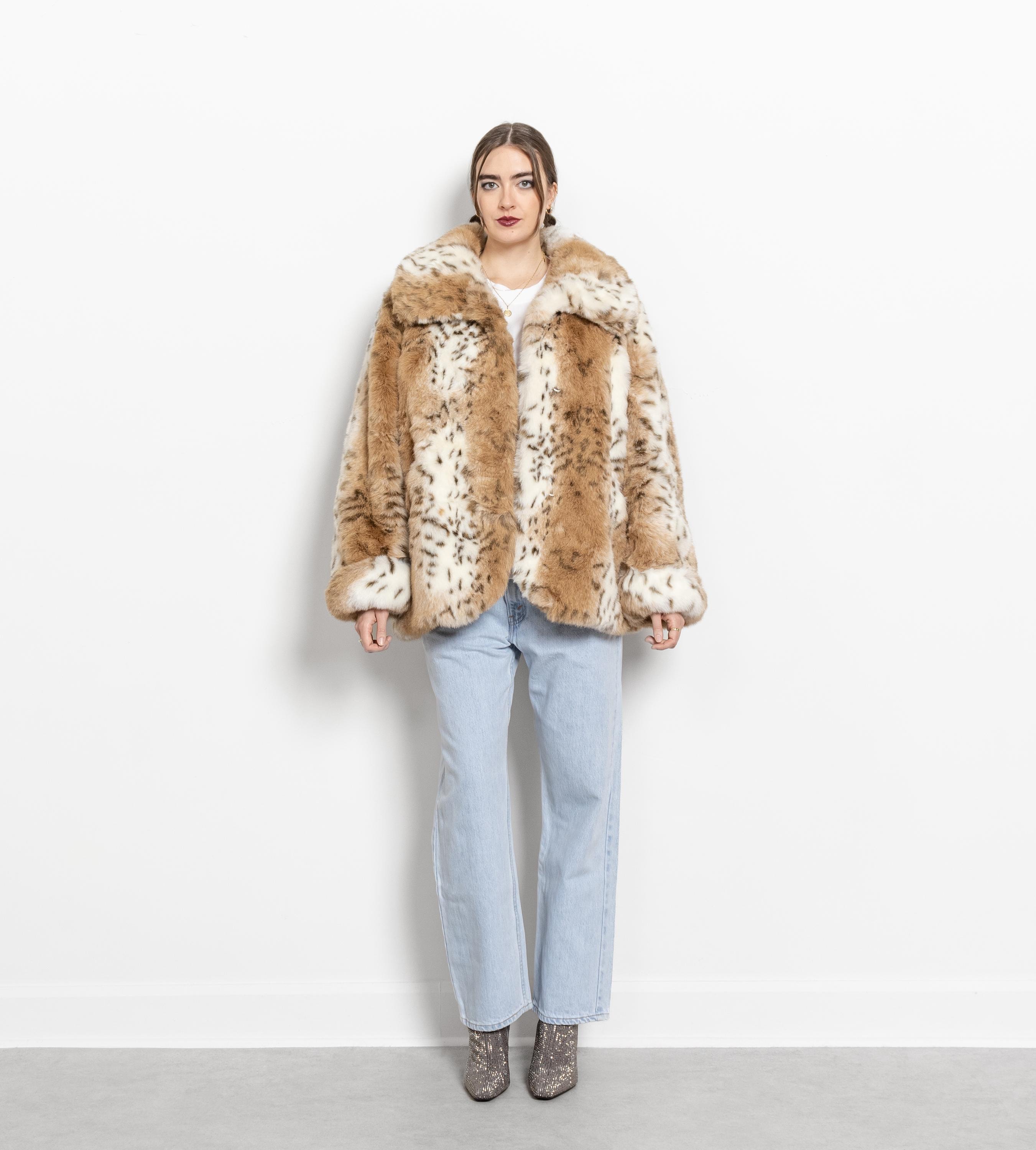 FAUX FUR COAT Vintage Leopard Animal Print Midi Jacket Vegan