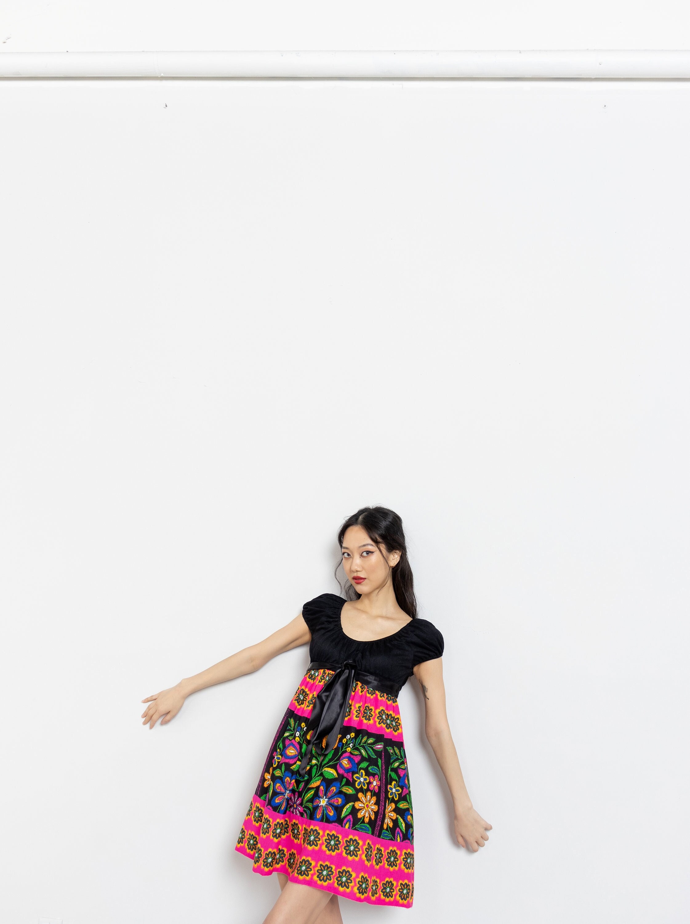 BetterStayTogether Floral Bardot Dress Vintage Mini Neon Colorful Black Tunic Party Hippie Psychedelic Long Sleeve 90 s Small