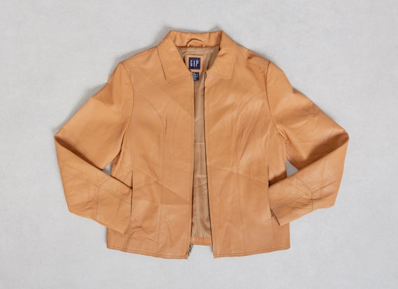 ORANGE LEATHER BLAZER Vintage Gap Zip Up Jacket C… - image 2