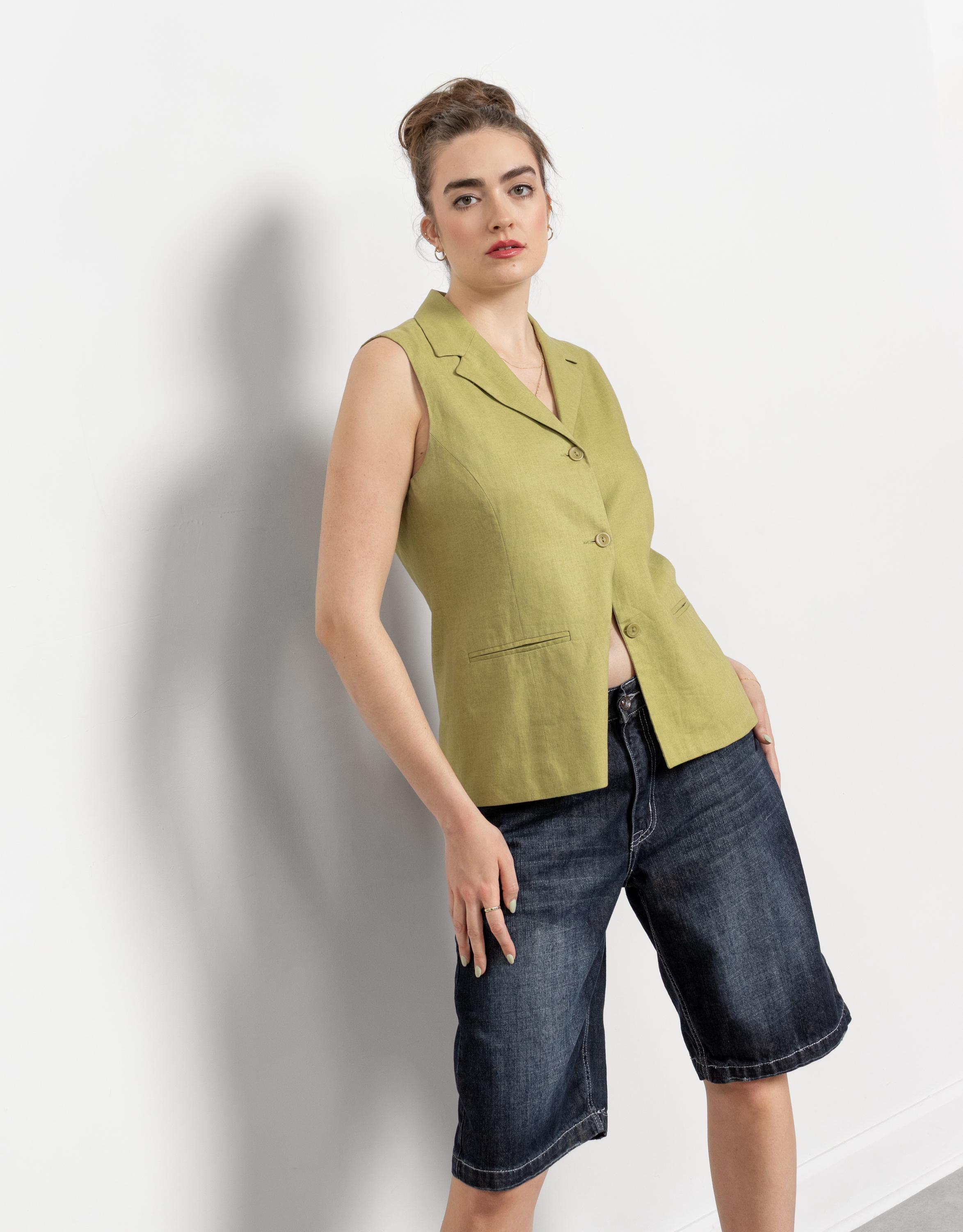 90'S GREEN VEST LINEN Lime Top Sleeveless Vintage Button up