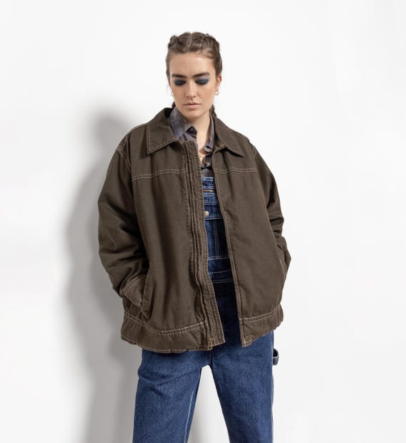 Vintage 90s Canvas Workwear Jacket, Zippered Utility Coat (large