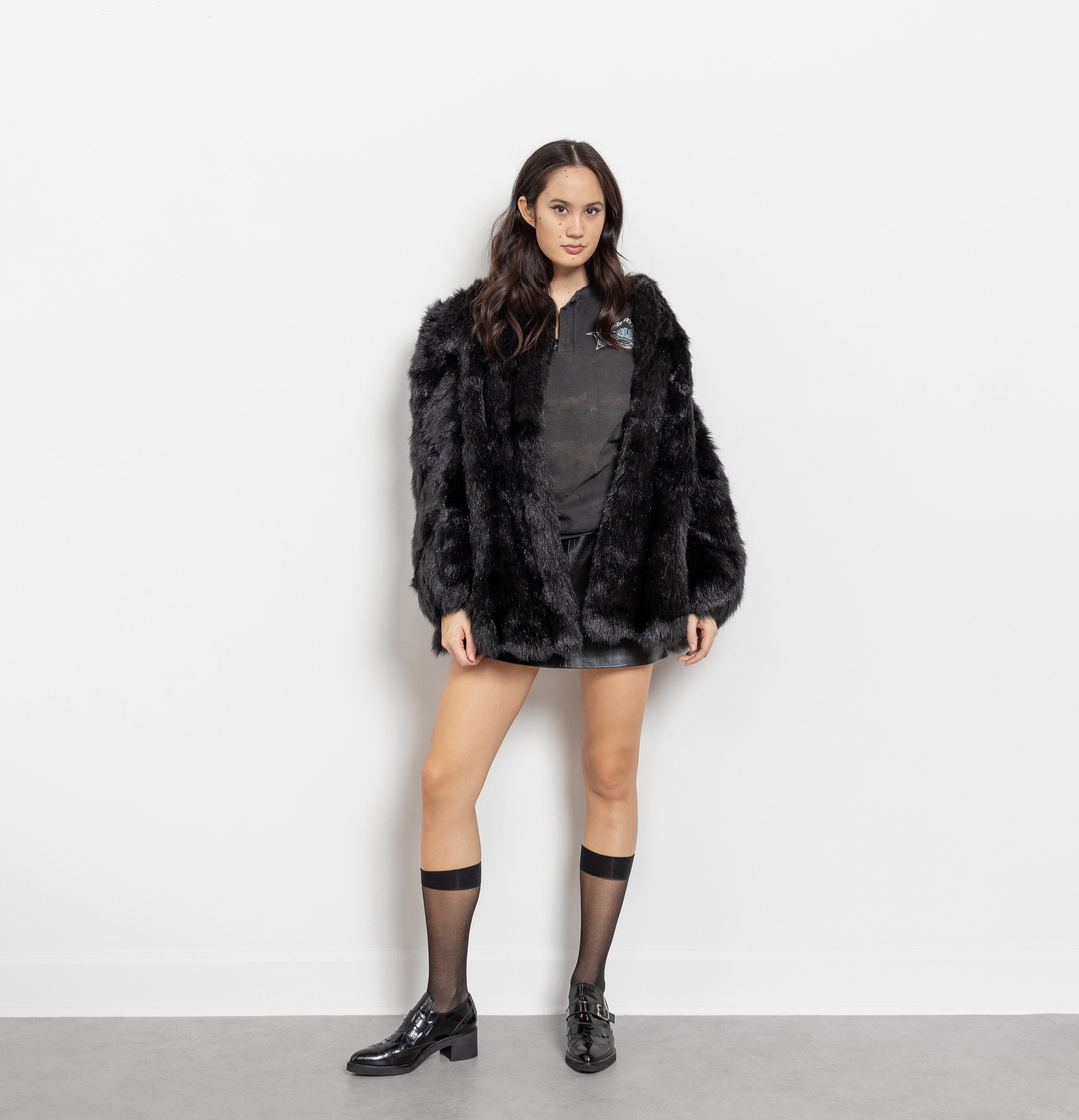 BLACK FAUX FUR Jacket Coat Boxy Oversize Vintage Cozy 60S Pockets