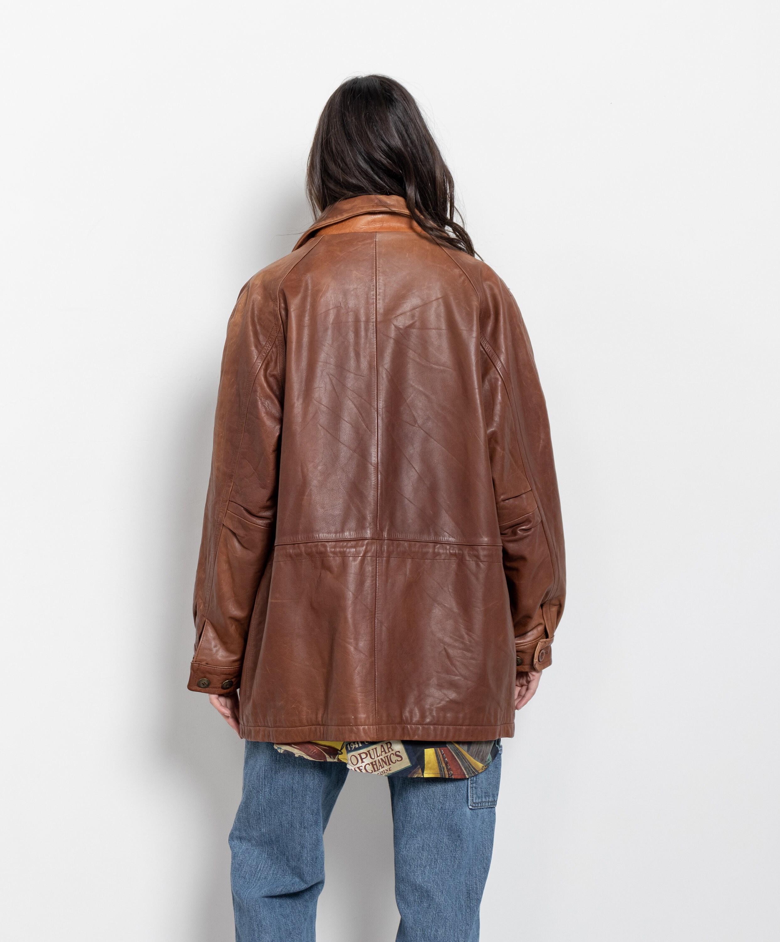 TIMBERLAND LEATHER JACKET Faded Worn in Distressed Longline