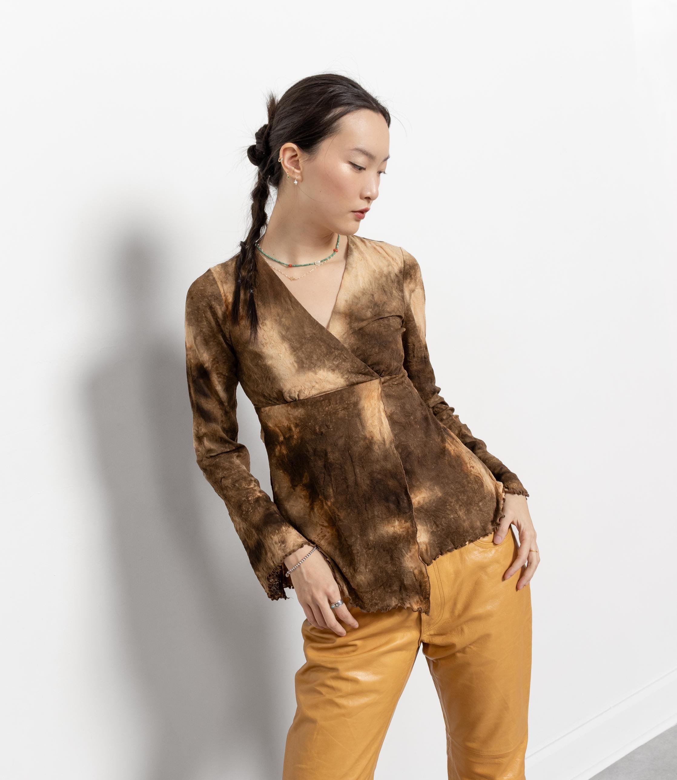 TIE DYE MESH Top Wrap Shirt Low Cut V-Neck Vintage Abstract Brown Beige Bell Sleeves / Small