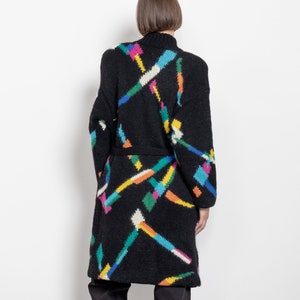 BLACK MOHAIR CARDIGAN Vintage Long Shirt Dress Knit Geometric Rainbow Sweater 90's / Medium image 8