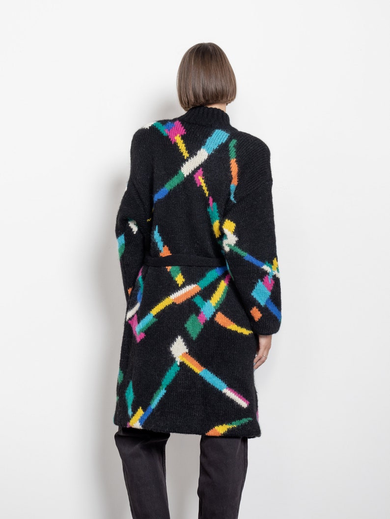 BLACK MOHAIR CARDIGAN Vintage Long Shirt Dress Knit Geometric Rainbow Sweater 90's / Medium image 8