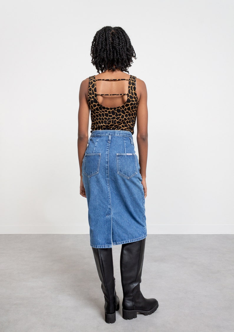 DENIM PENCIL SKIRT Vintage Medium Blue Jean High Waist Midi Cotton Woman 90/'s 27 Waist 36 Hips Size 5