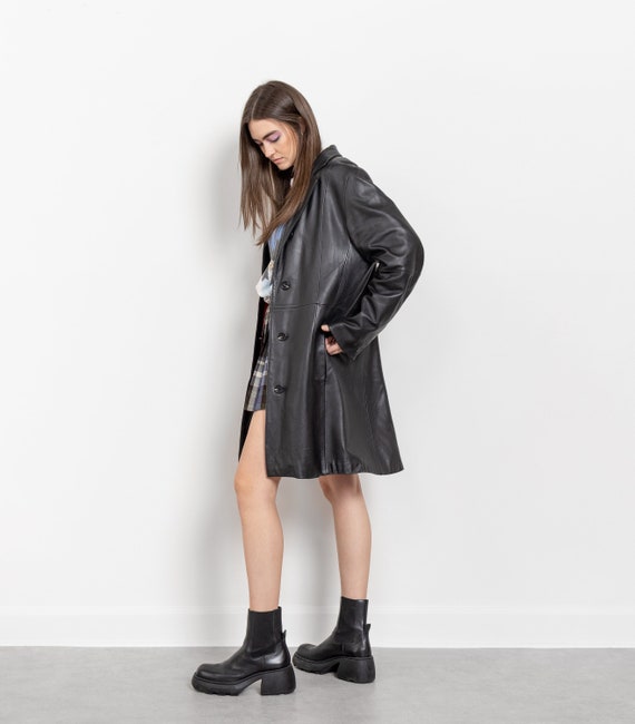 BLACK LEATHER TRENCH Vintage Midi Jacket Coat Blazer Woman 90's