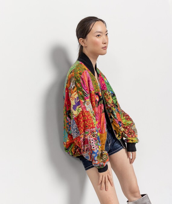 PATCHWORK BOMBER JACKET Vintage Rainbow Pattern A… - image 4