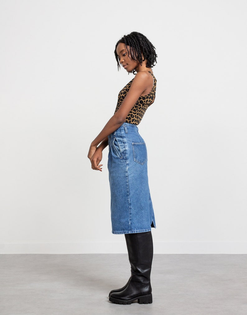 DENIM PENCIL SKIRT Vintage Medium Blue Jean High Waist Midi Cotton Woman 90/'s 27 Waist 36 Hips Size 5