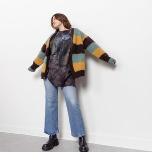 CHUNKY WOOL STRIPE Cardigan Cardi Sweater Jumper Mustard Mint Oversize Knitwear / Large Xl Extra Large image 8