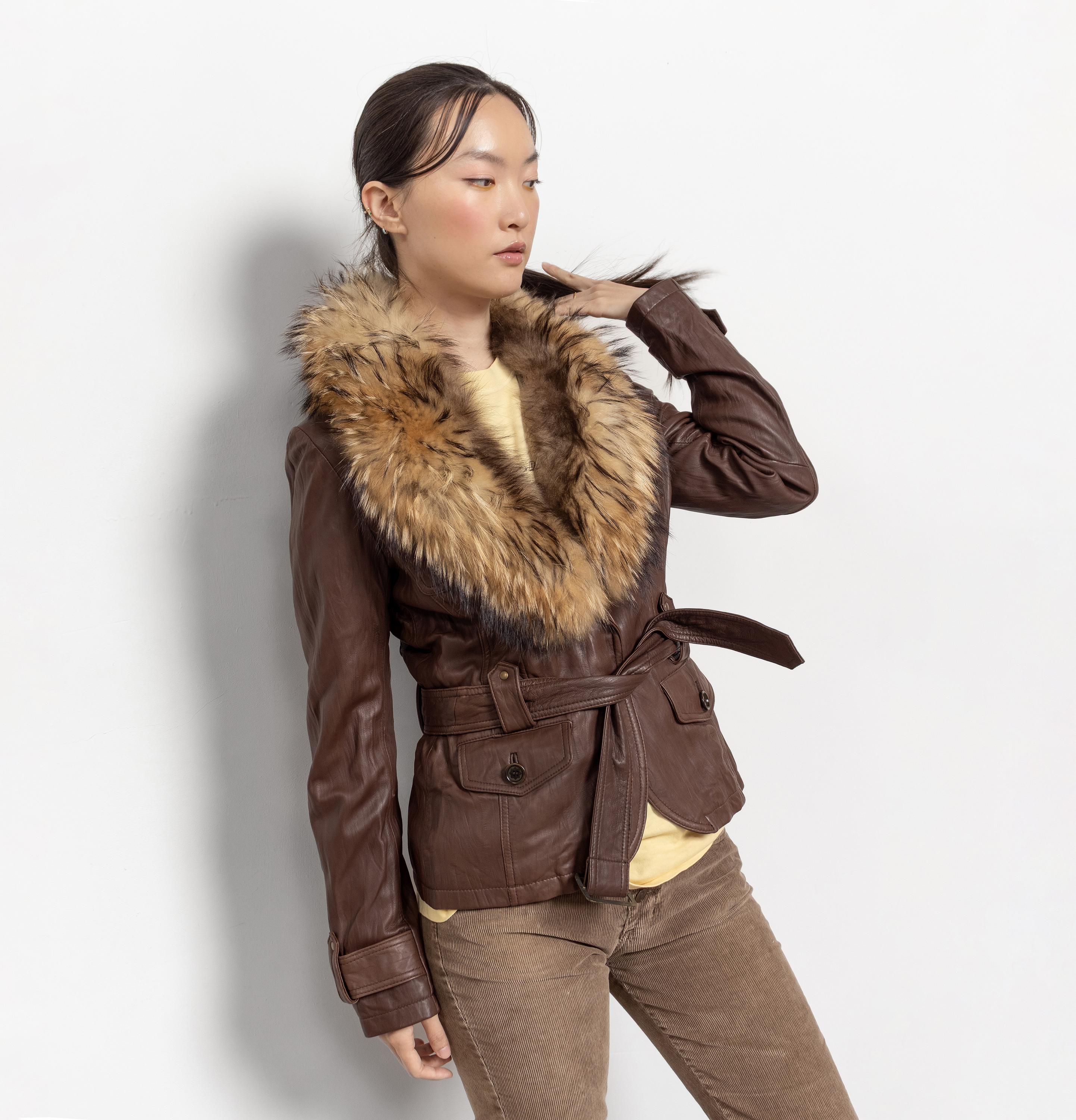 Vintage Brown Leather Jacket: Raccoon Fur Trim, Belted - Small/xs