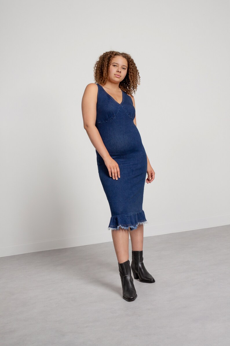 DENIM BODYCON DRESS Stretch 90/'s Vintage Dark Blue Jean Midi Sleeveless Summer Medium