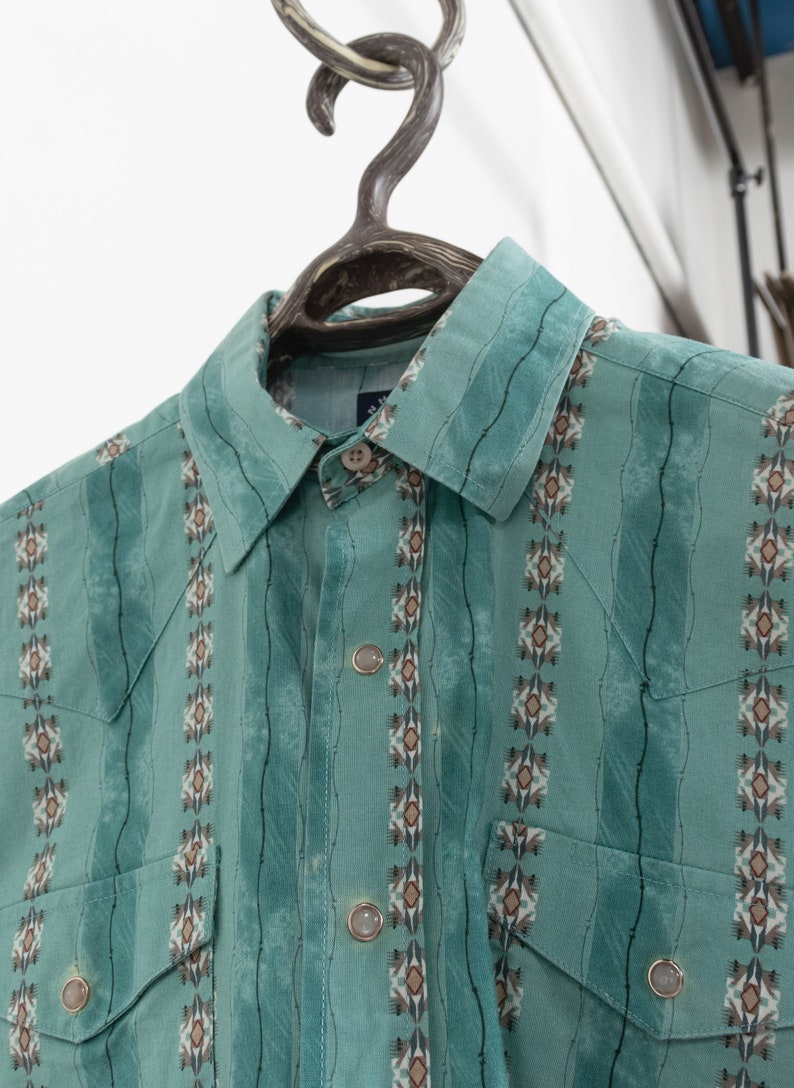 WESTERN TEAL COWGIRL Blouse Snaps Wrangler Button Up Oxford 80's / Small Xs image 6