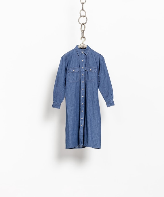 Denim Dress Jean Vintage Long Sleeves Pockets / Medium