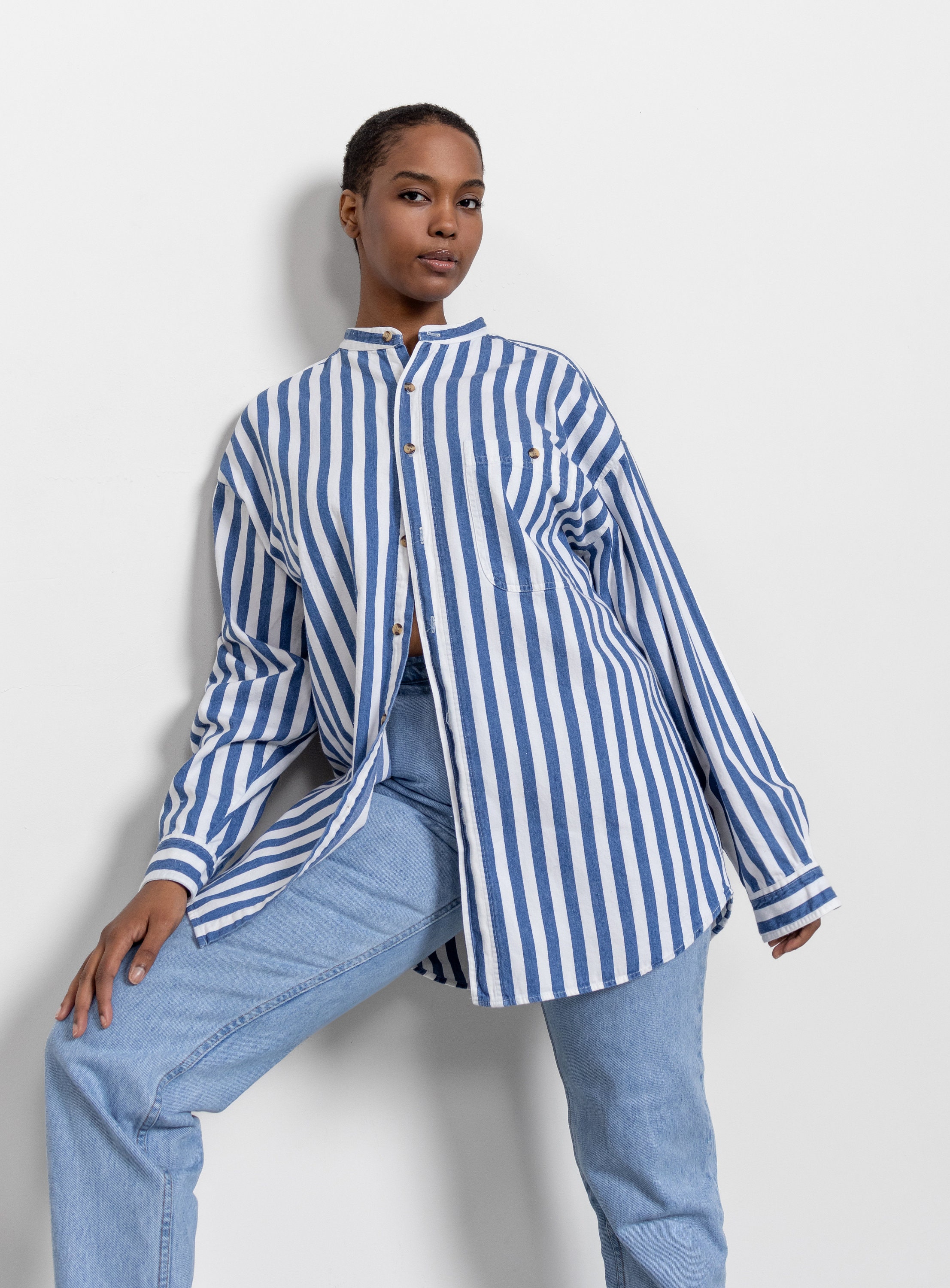 EXAMPLE DENIM HOOD STRIPE SHIRT｜トップス