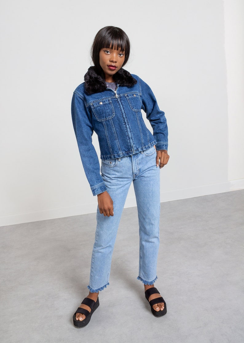 FUR COLLAR DENIM Jacket Vintage Faux Fur Cotton Medium Wash Blue Jean Zipper Cropped Woman 90/'s Small Extra Small