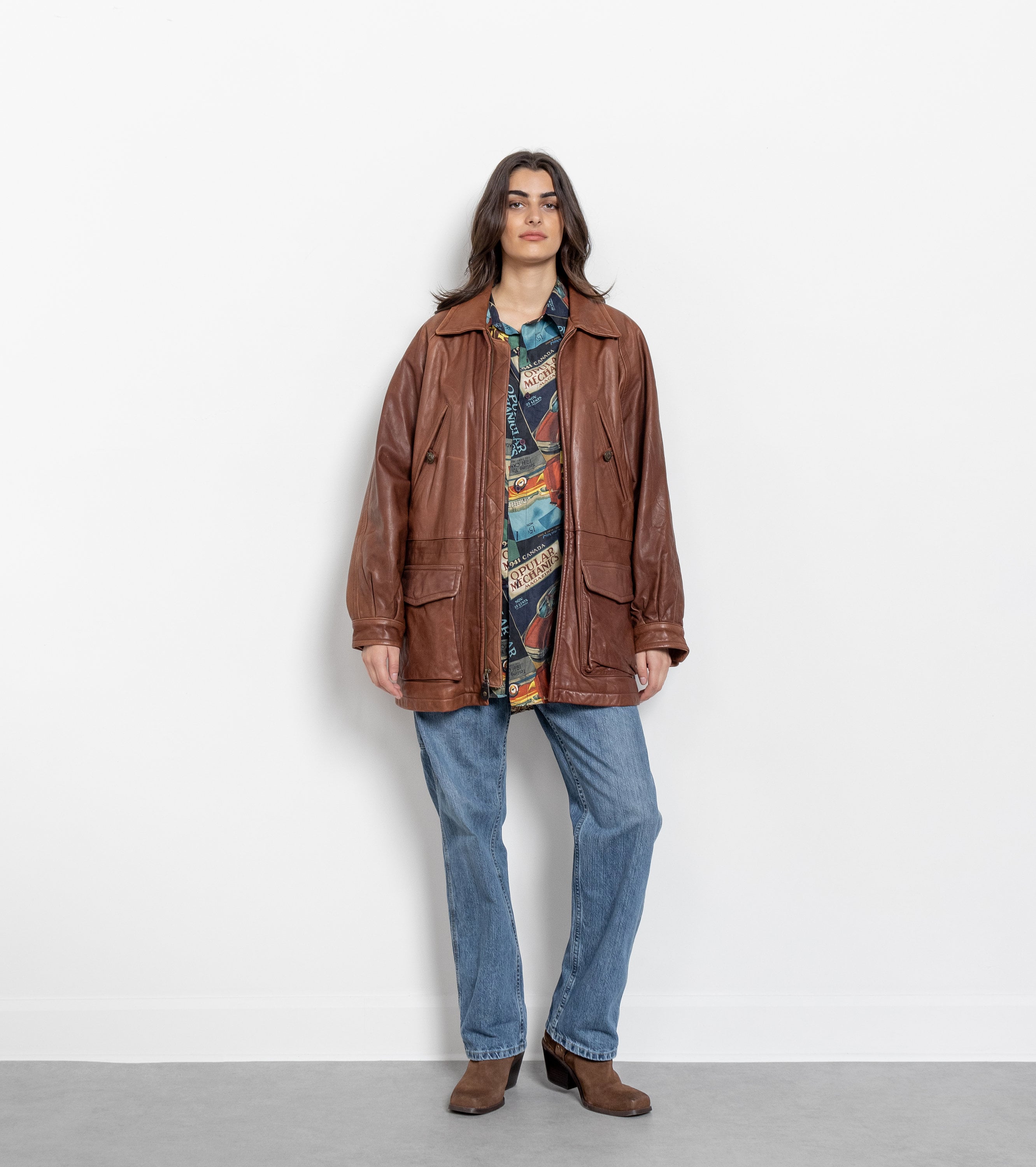 TIMBERLAND LEATHER JACKET Faded Worn in Distressed Longline