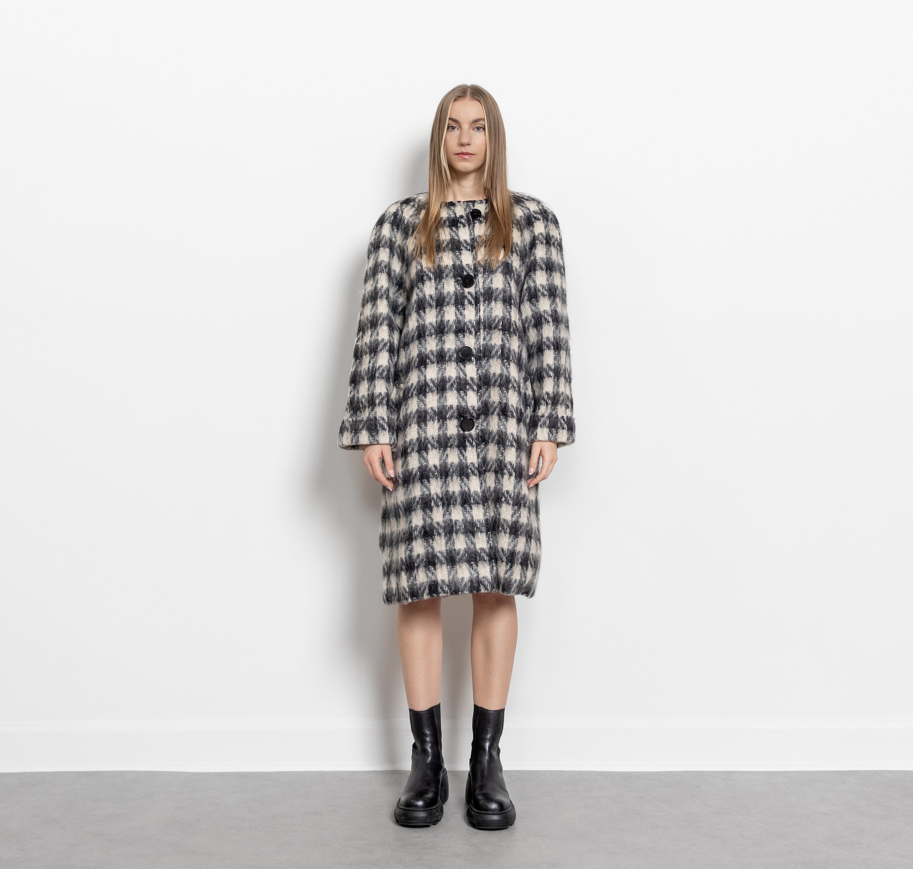 MOHAIR HOUNDSTOOTH COAT Vintage Black White Midi Trench Jacket
