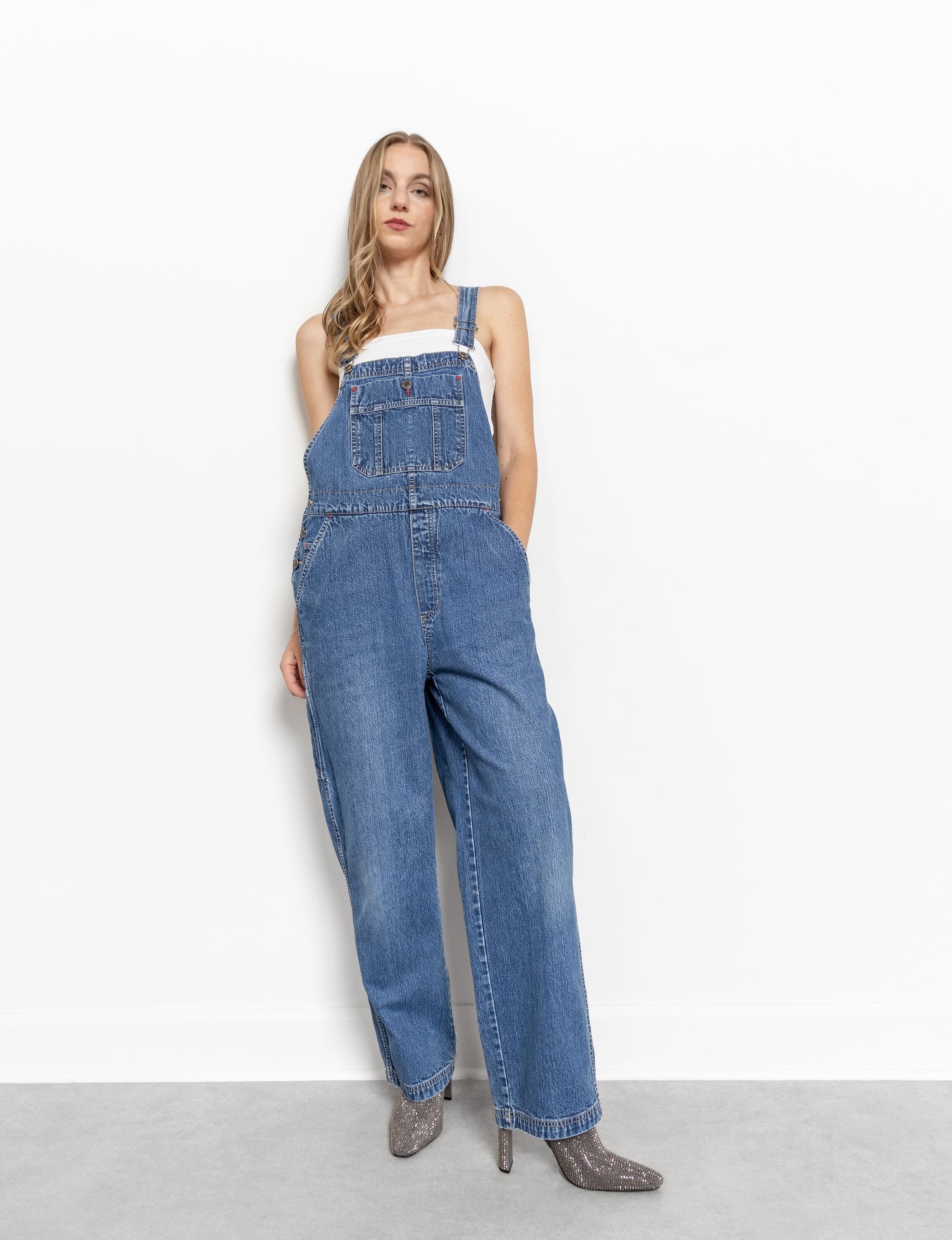 Overal Jean VINTAGE DENIM OVERALLS Baggy Jean Dungarees Faded Pockets Wide Leg ...