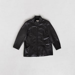 BLACK LEATHER BLAZER Jacket Vintage Coat 90's Oversize Sleek Black Zip Up / Large Xl image 10