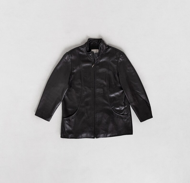BLACK LEATHER BLAZER Jacket Vintage Coat 90's Oversize Sleek Black Zip Up / Large Xl image 10