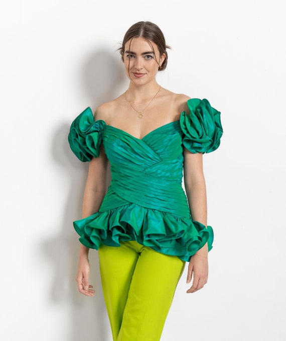 GREEN PROM TOP Iridescent Vintage 80's off the Shoulder Puffy / Medium -  Etsy