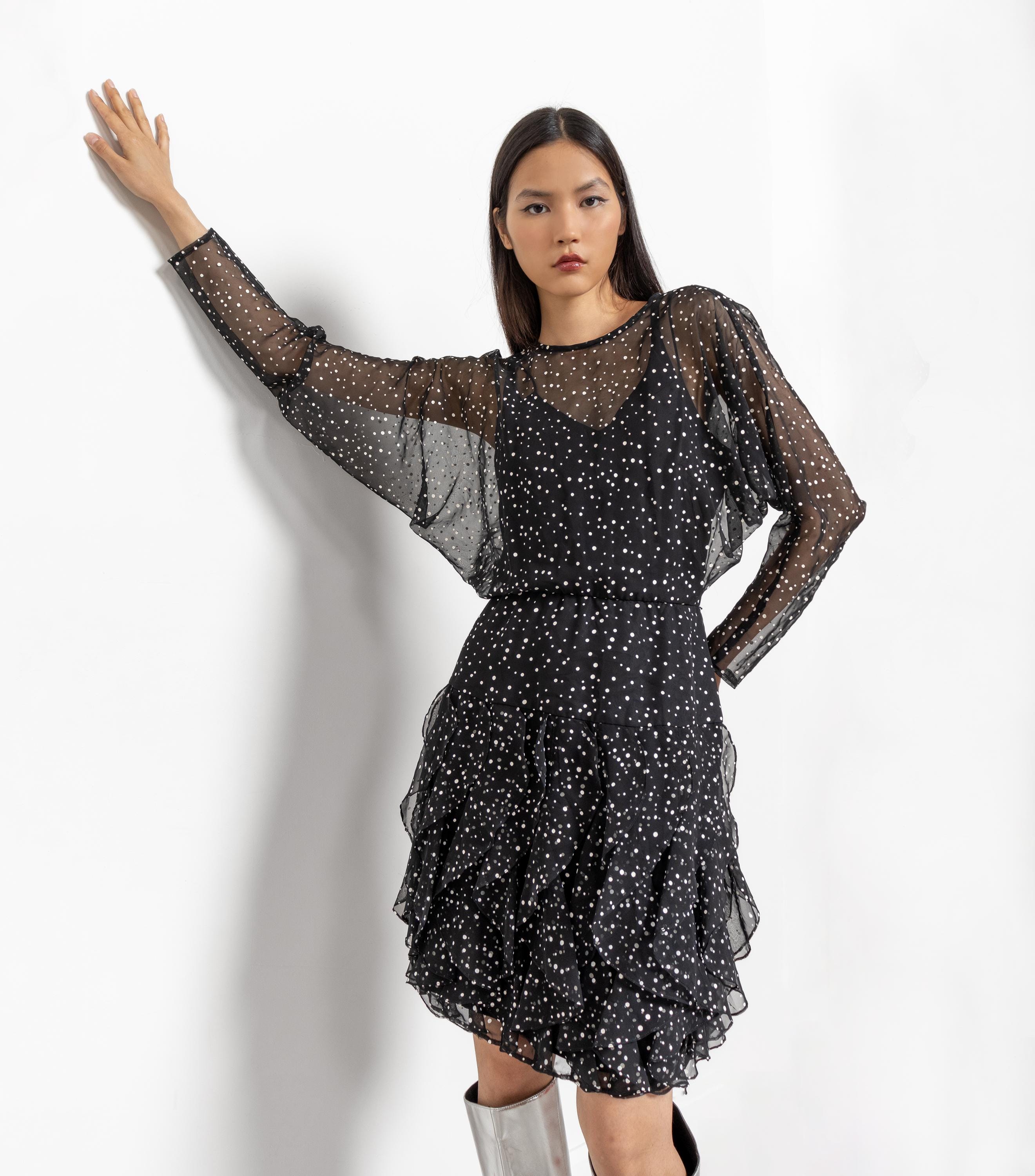 SHEER POLKA DOT Ruffled Mini Dress Vintage Long Sleeve Party 80's 90's / Small Medium