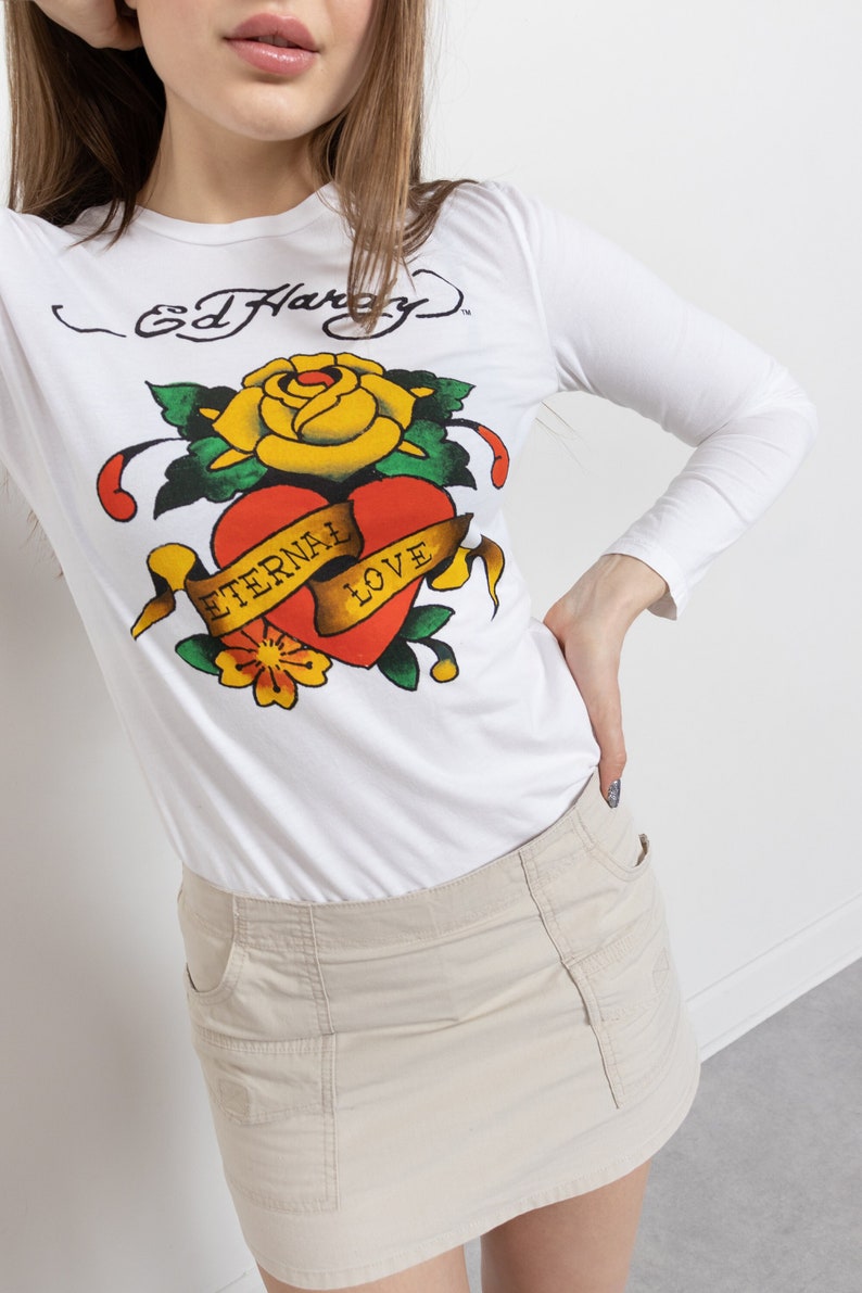 ED HARDY T-SHIRT Vintage White Long Sleeve Crew Neck Y2K Tattoo Sheer Cotton Small Fit image 1