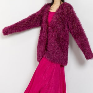 FUZZY PINK CARDIGAN Vintage Midi Long Bright Magenta Hairy Textured Sweater 90's Oversize / Medium Large image 8